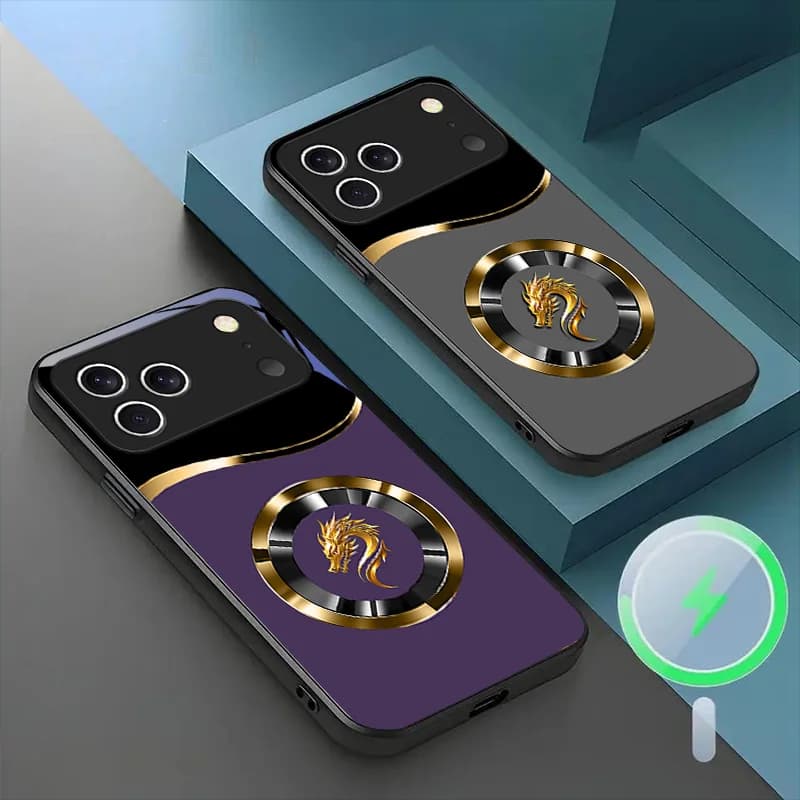 Glass Magnetic Case for iPhone 17 Pro MAX AIR with Black Ring and Golden Dragon Texture