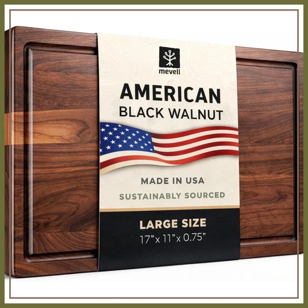 Tagliere in Legno di Noce per Cucina, Reversibile con Scanalature per Succhi, Vassoio per Servire Salumi, Prodotto negli USA