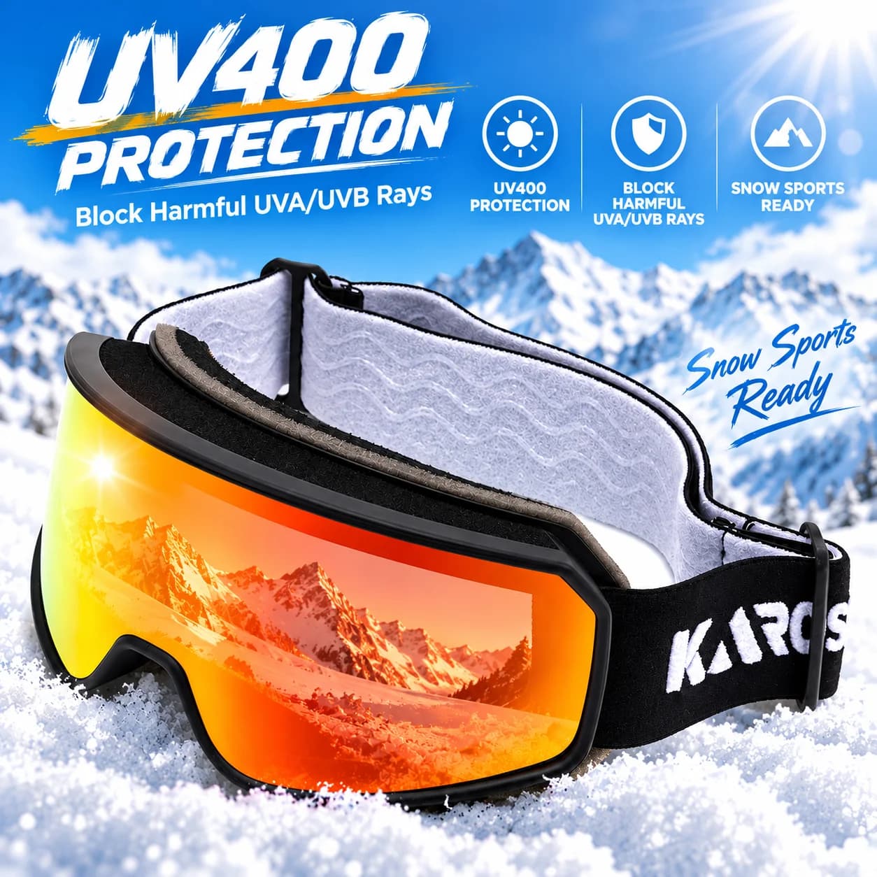 KAROS Snow Goggles for Men Women 150g Lightweight UV400 Anti Fog Ski Glasses Wide Vision Mirror Lens for Snowboard Snowmobile