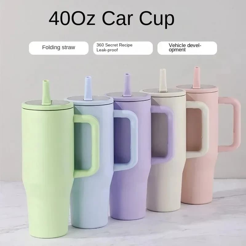 Tazza termica transfrontaliera da 40 once tazza di ghiaccio a doppio strato da 40 once copertura di paglia pieghevole a prova di perdite comoda tazza per auto con bocca per bere diretta