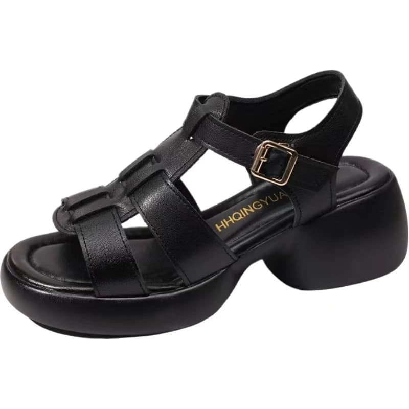 Sandali da donna in vera pelle con tacco largo e punta aperta, nuovi sandali estivi con suola spessa antiscivolo, traforati con velcro, sandali da spiaggia moderni
