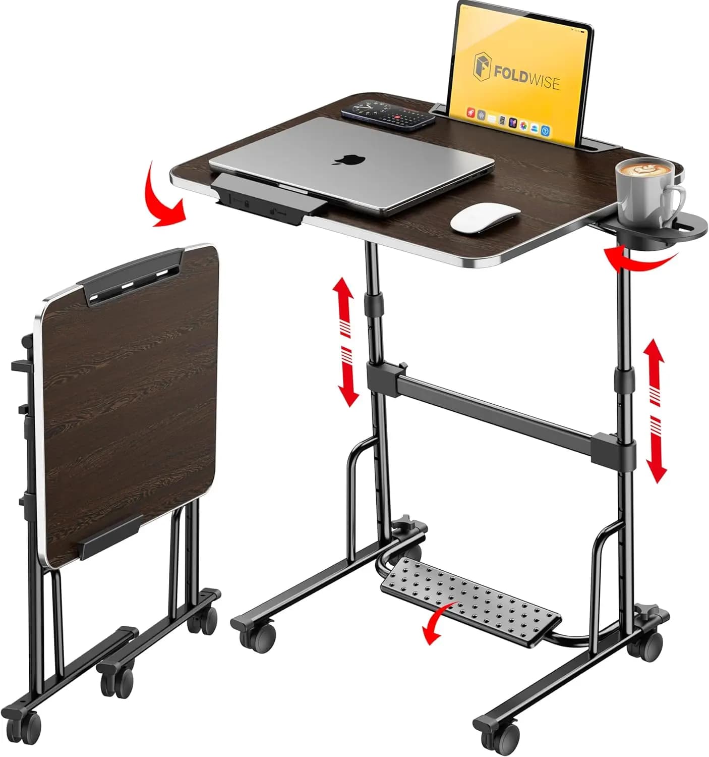 Scrivania Pieghevole con Ruote - Altezza e Angolazione Regolabili, Postazione di Lavoro Portatile per Laptop
