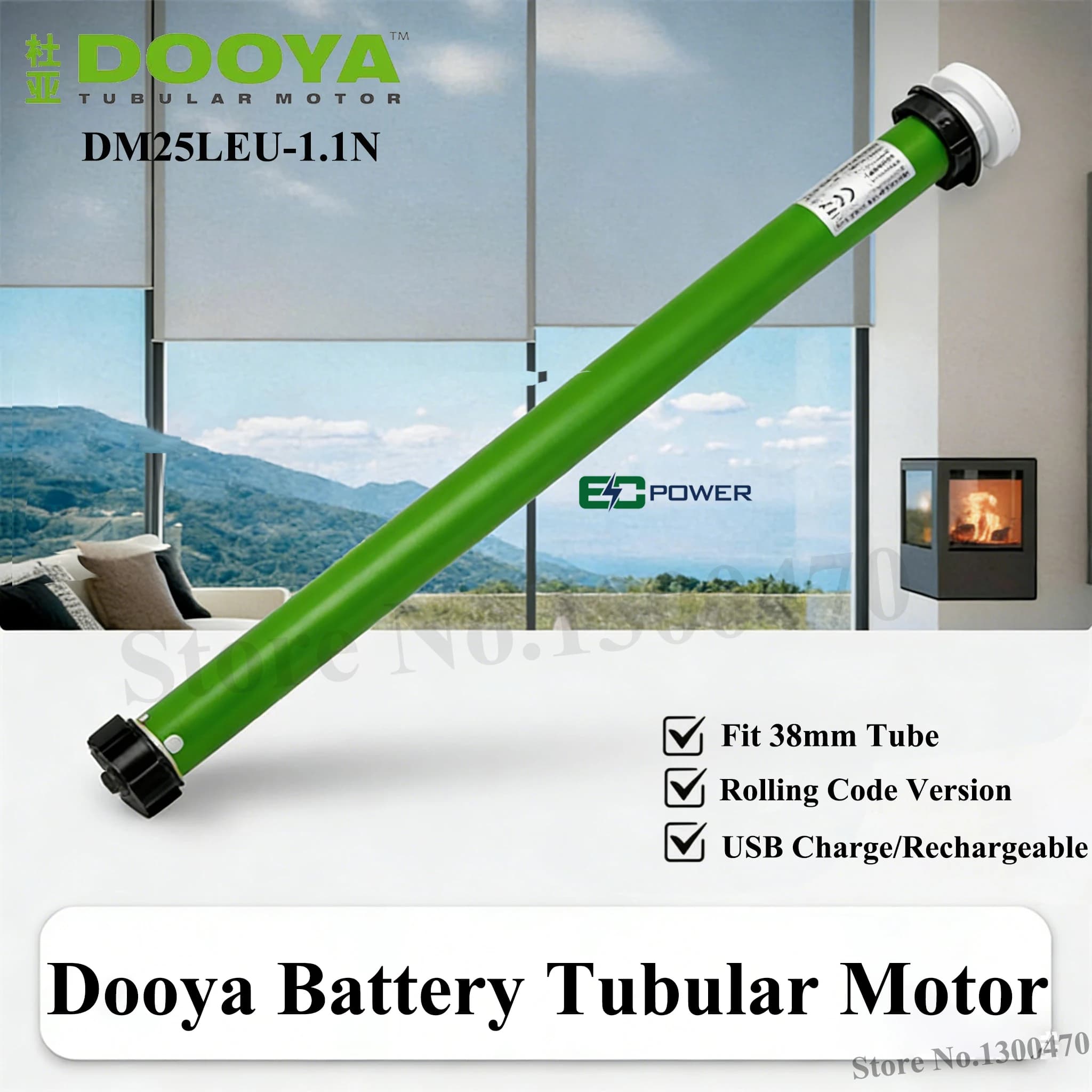 DOOYA DM25LEU Tubular Motor built-in li battery Motor for Rolling Blinds, RF433 Emitter Control,for 38mm Tube,Brackets+Tail Plug