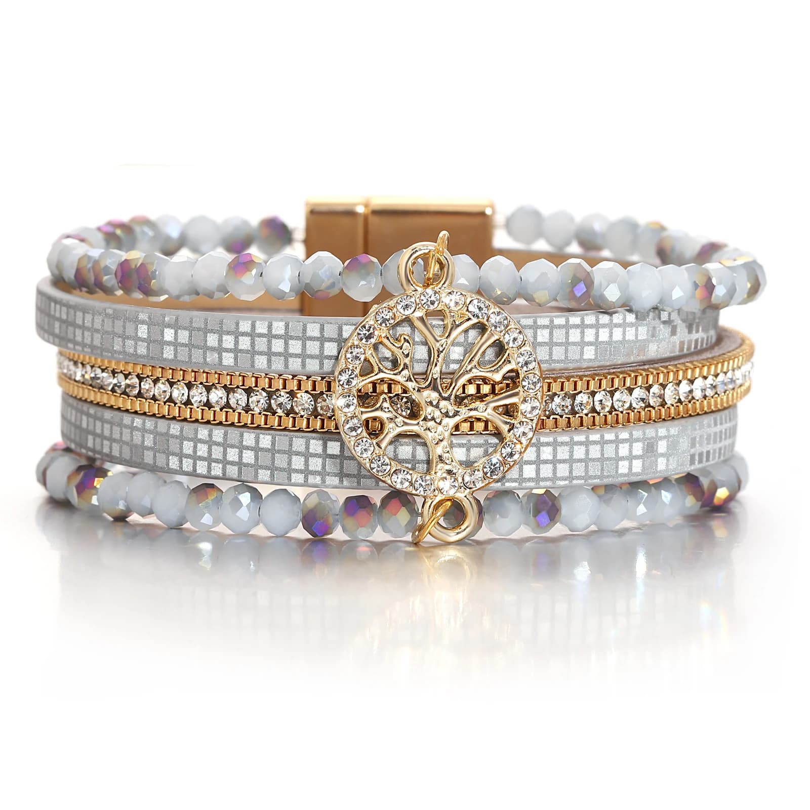 Amorcome Crystal Leather Bracelets Tree of Life Charm Bracelets Unisex Boho Multi Layer Wraps Brangles Magnet Clasp Jewelry