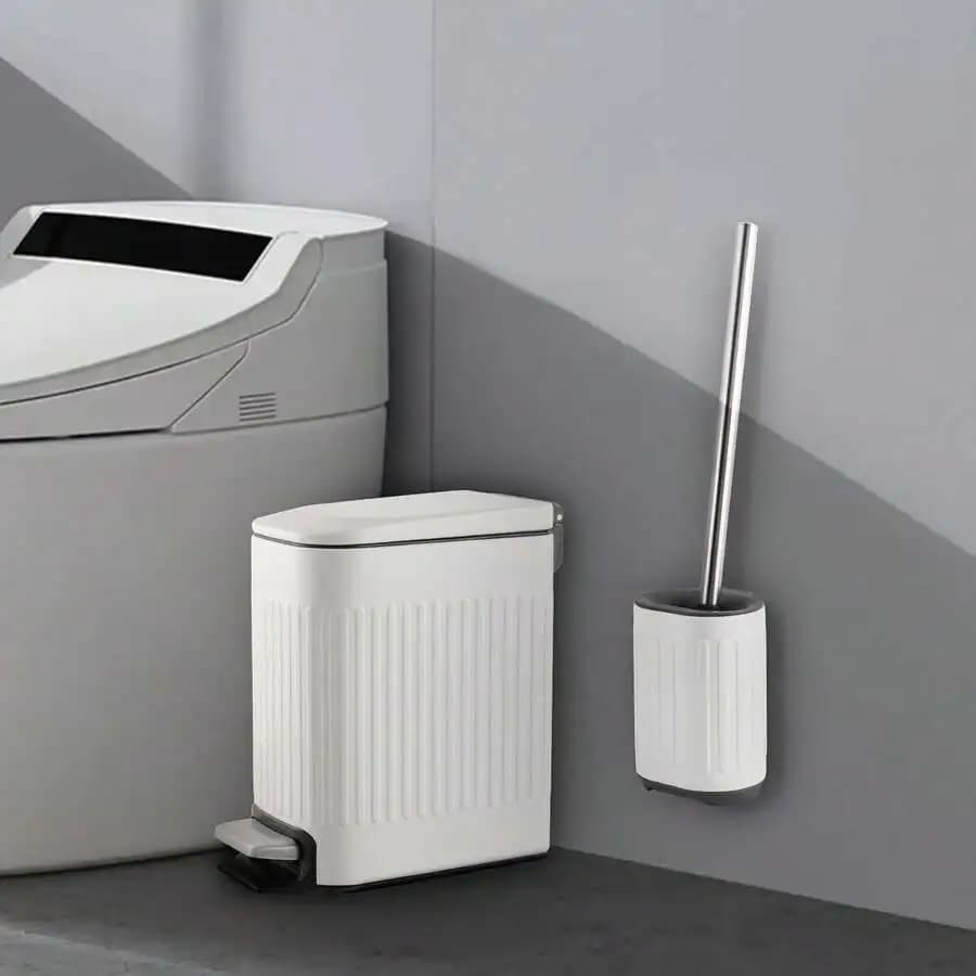 Bathroom Trash Can With Toilet Brush Set 1.6 Gallon Slim Stainless Steel Wastebasket White