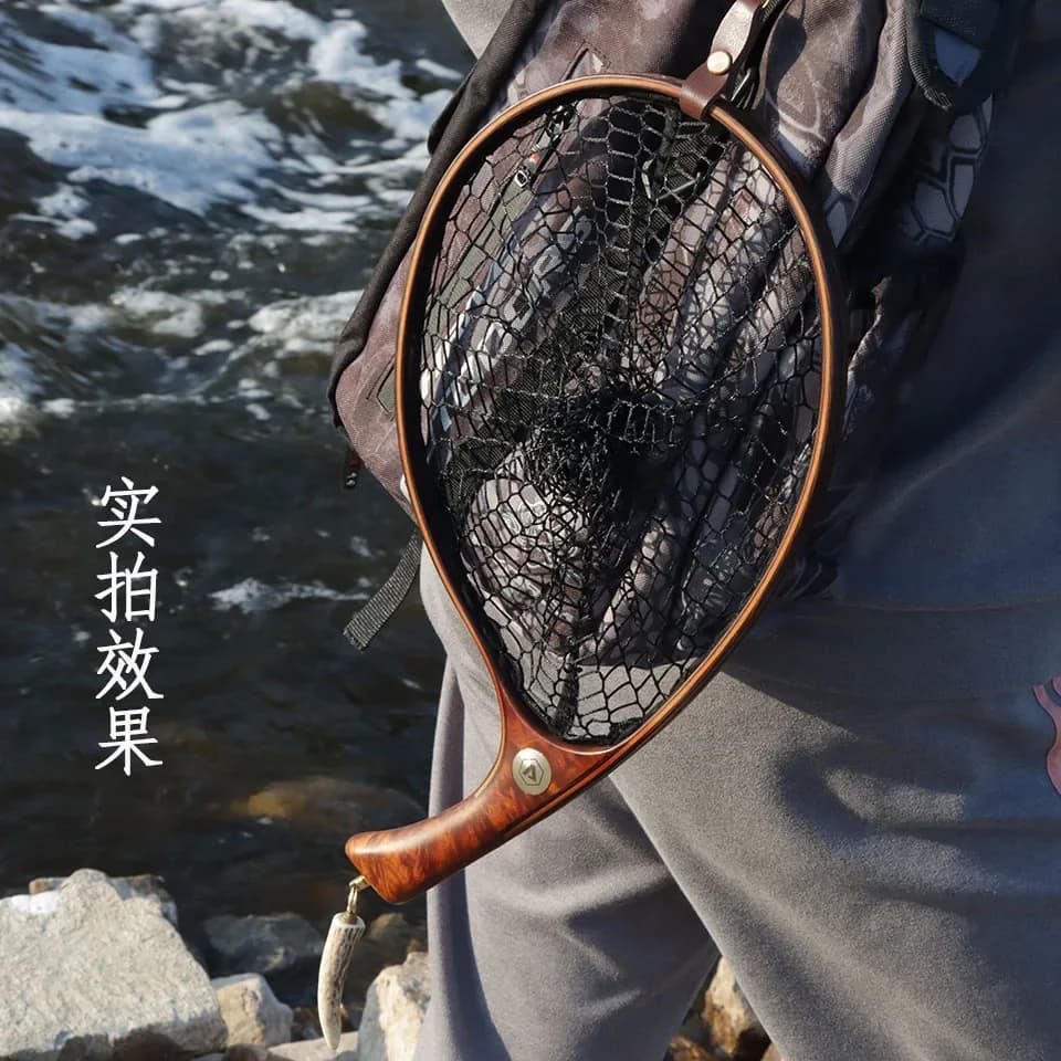 Aioushi Handmade Solid Wood Fishing Net for Stream Microfauna - Mauke White Stripe Rainbow Trout Military Fishing