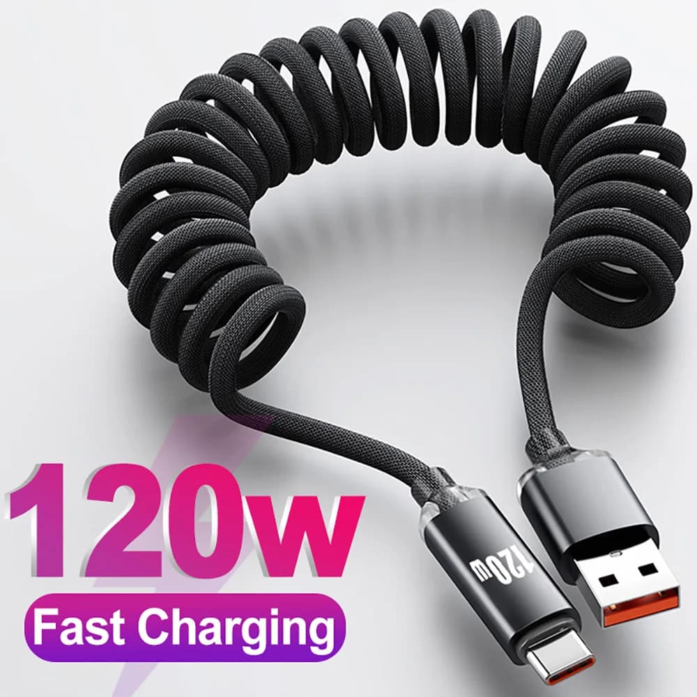 120W Car USB A/C To Type C Fast Charging Cable Digital Display Spring USB TypeC Telescopic Cable For iPhone 17 16 Samsung Xiaomi