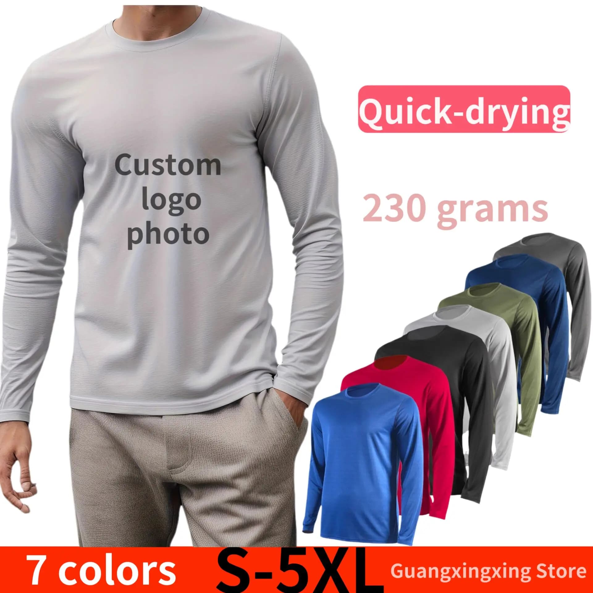T-shirt personalizzata da fitness a girocollo da uomo a maniche lunghe ad asciugatura rapida con stampa logo personalizzata