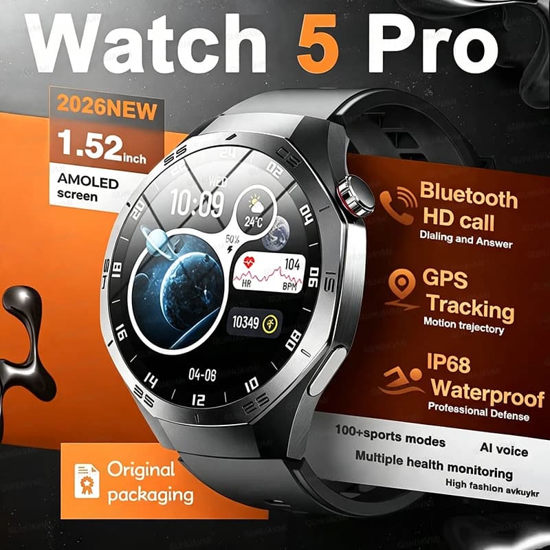 2026 Watch 5 Pro Smart Watch Men Sports GPS Tracker HD AMOLED Screen Heart Rate NFC Bluetooth Call IP68 Waterproof Fitness Watch