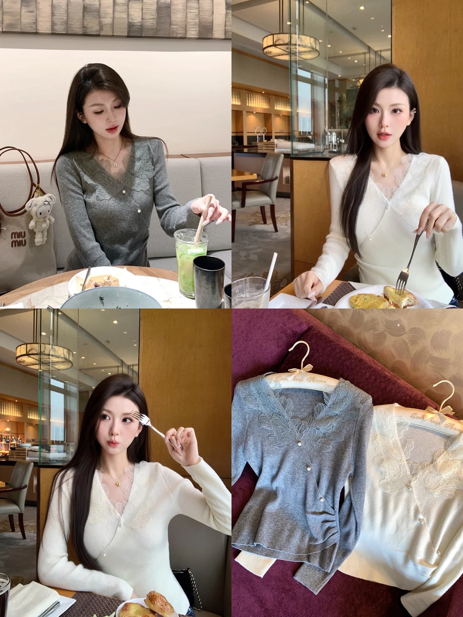 Maglione Slim Fit in Stile Francese con Bordo in Pizzo, Scollo a V, Morbido al Tatto, Top a Maniche Lunghe da Donna