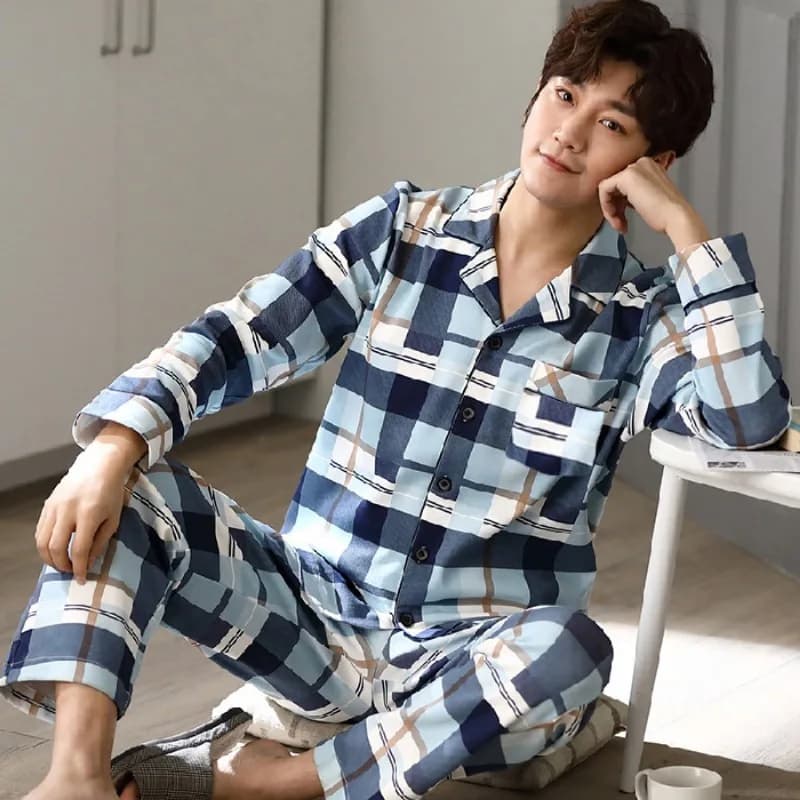 Fall Pajamas Men Long Sleeve Simple Plus Size Plaid Cardigan Trousers Comfortable Breathable Striped Premium Sleepwear