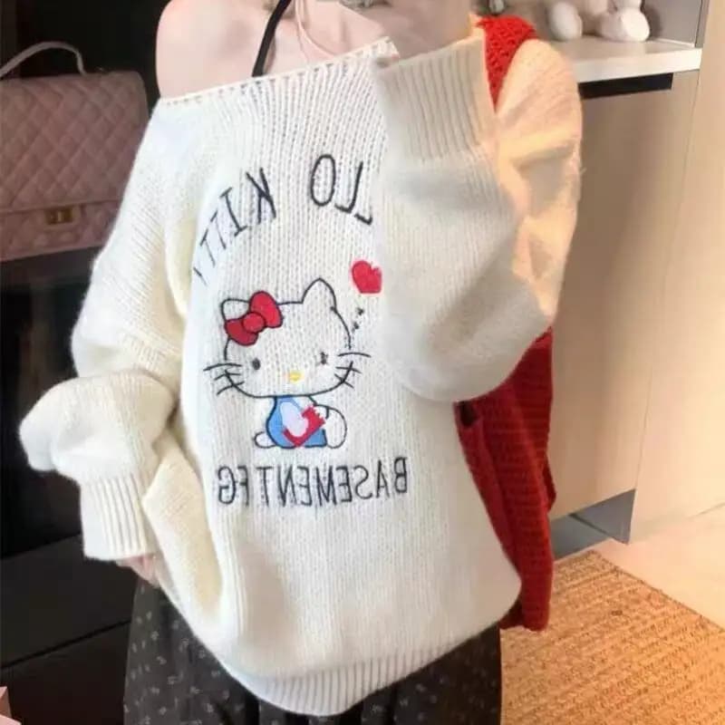 Maglione carino dolce Hello Kittys Maglione a maniche lunghe con spalle scoperte da donna Primavera e autunno Pullover morbido e confortevole Top Maglieria