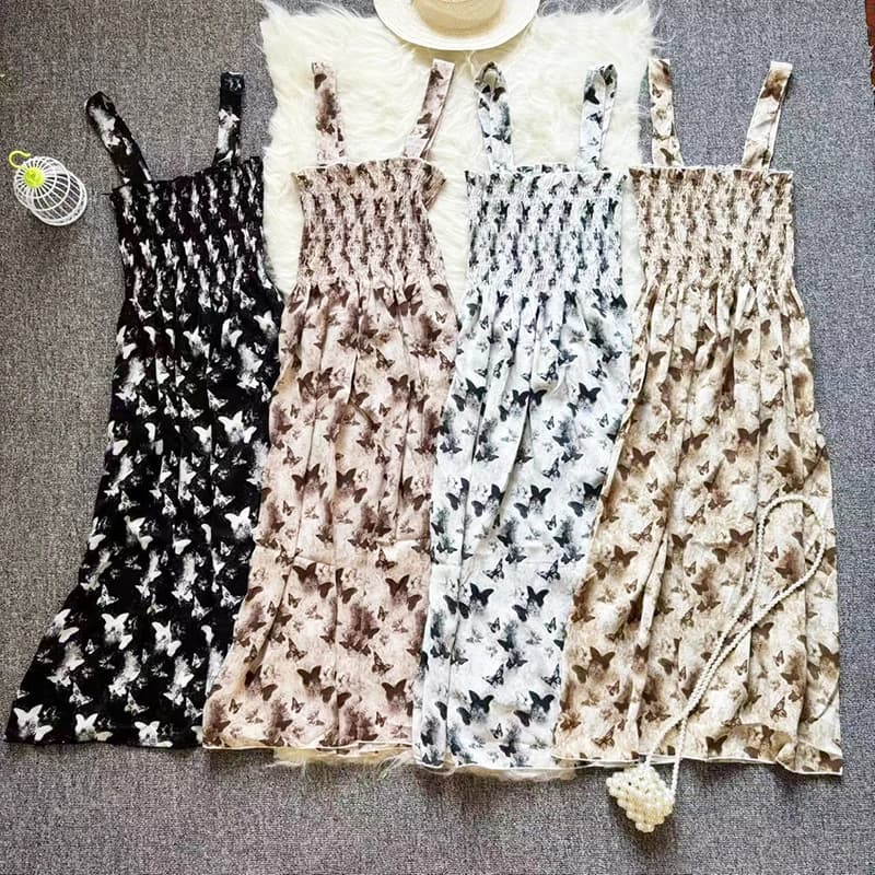 Dresses Floral Printed Women Dress 2025 Summer Elegant Slim Sleeveless Spaghetti-strap Female High Waist Lady A-line Robe