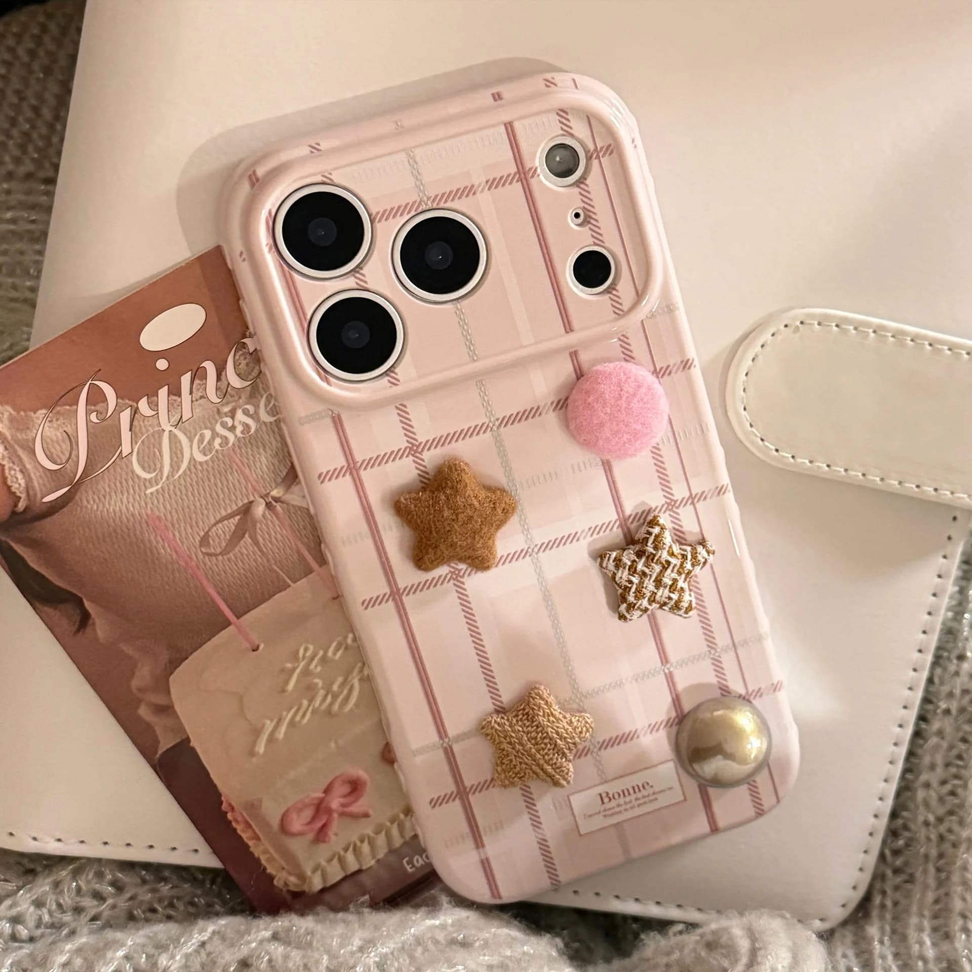Korean Pink Grid Model 3D Peloso Plush Stars Phone Case For iPhone 17 16 15 14 13 12 Pro Max Protective Soft Cover