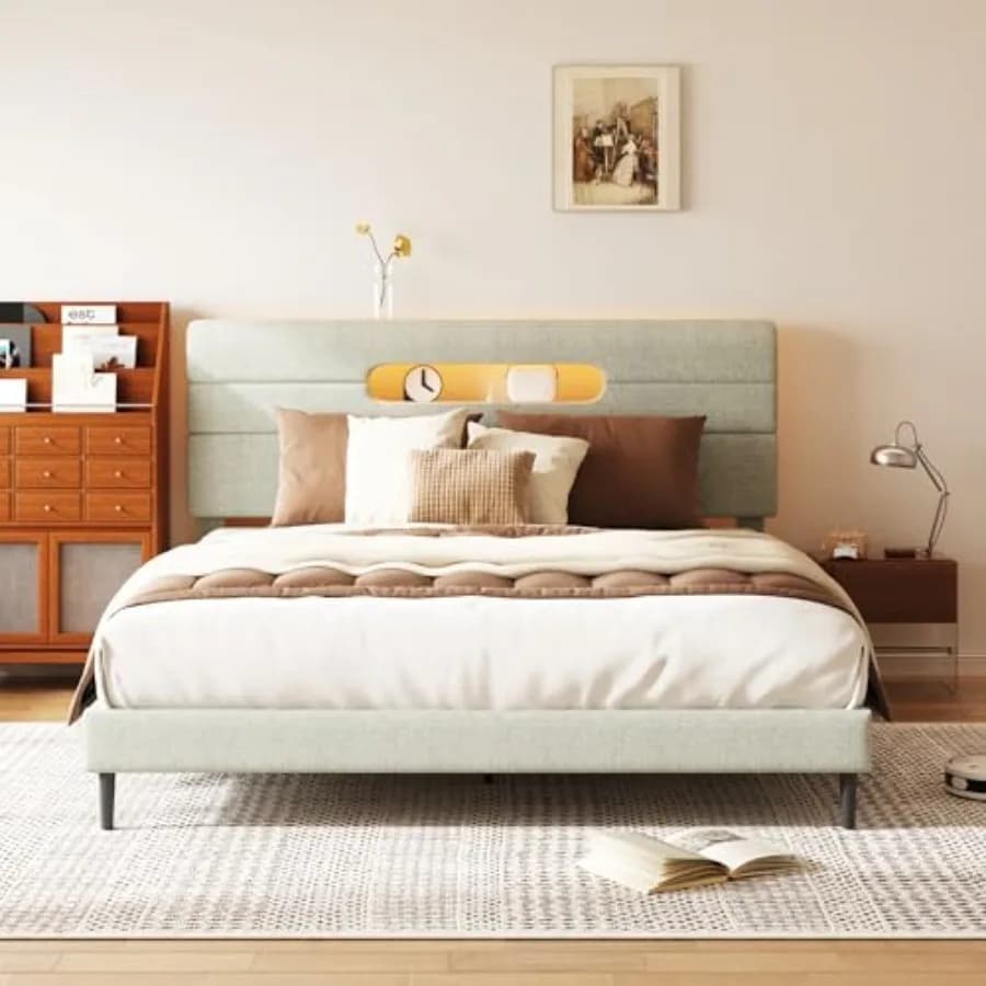Double bed structure with linen headboard, platform bed structure with upholstered headboard, mattress base, no spring net required