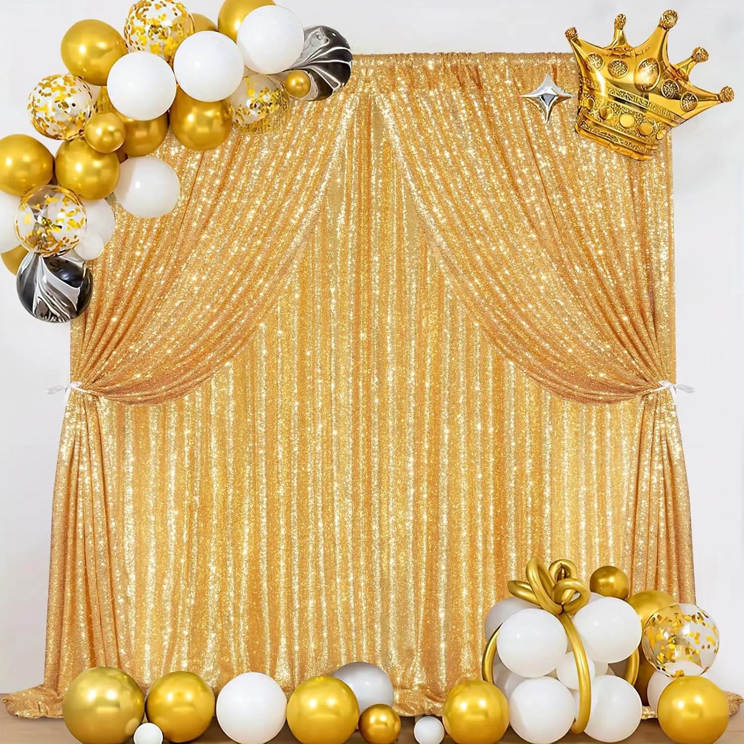 Sfondo con paillettes 3 pezzi-4ftx8ft Sfondo fotografico dorato Tenda scintillante Parete selfie per la decorazione della festa nuziale