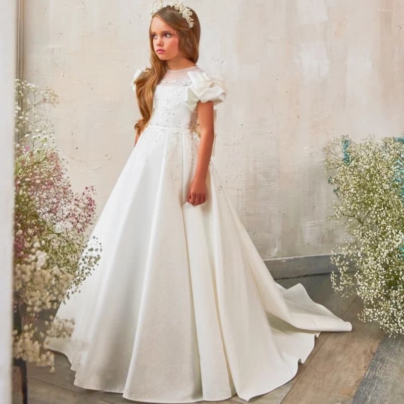 Manica corta con paillettes gonfie in tulle bianco lucido personalizzato con fiocco Abito da ragazza di fiori per abiti da prima comunione per feste di compleanno di nozze