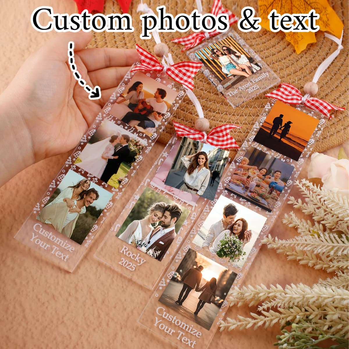 Ornamento Personalizzato con Striscia Fotografica, Cornice per Foto con Testo Personalizzato, Ornamento Fotografico Personalizzabile con 1-4 Nomi