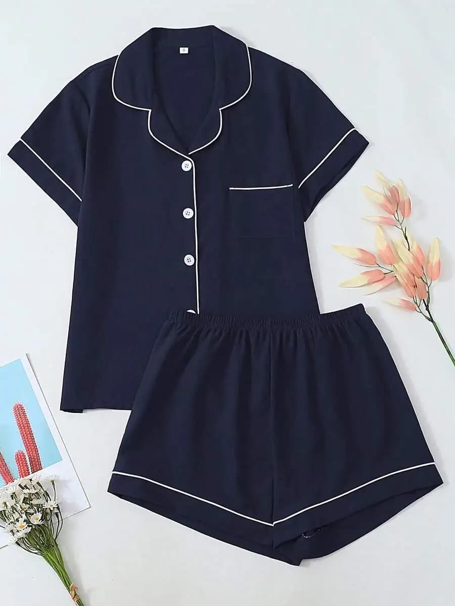 Women 2-Piece Short Sleeve Pajama Set Solid Color Comfortable Loungewear Home Outdoor Spring Summer