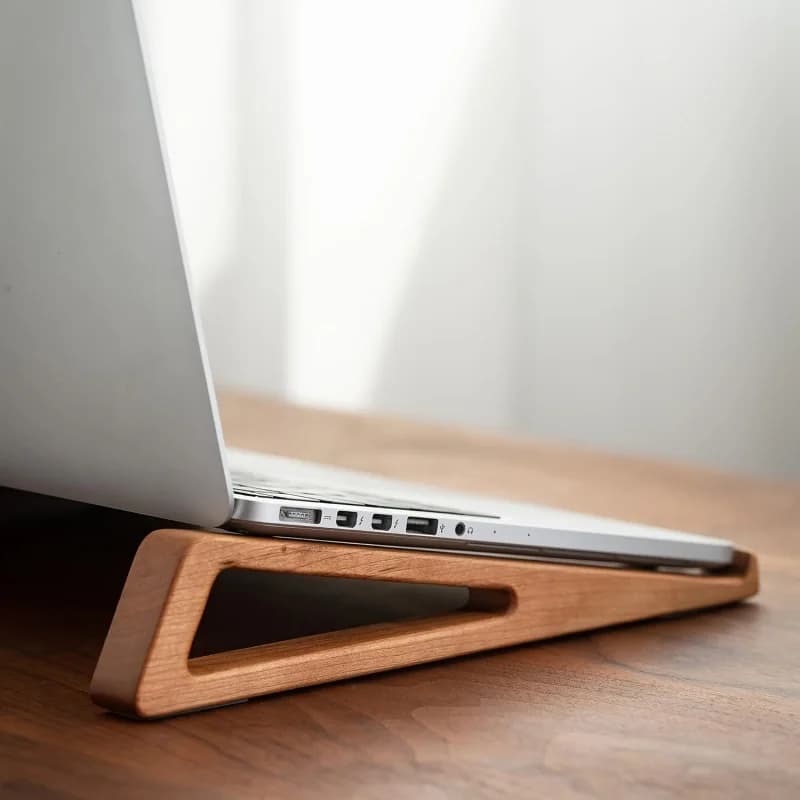 Portable Foldable Wooden Laptop Stand - Ergonomic 12° Adjustable Angle, Cooling Ventilation Triangular Design, Office Accessory