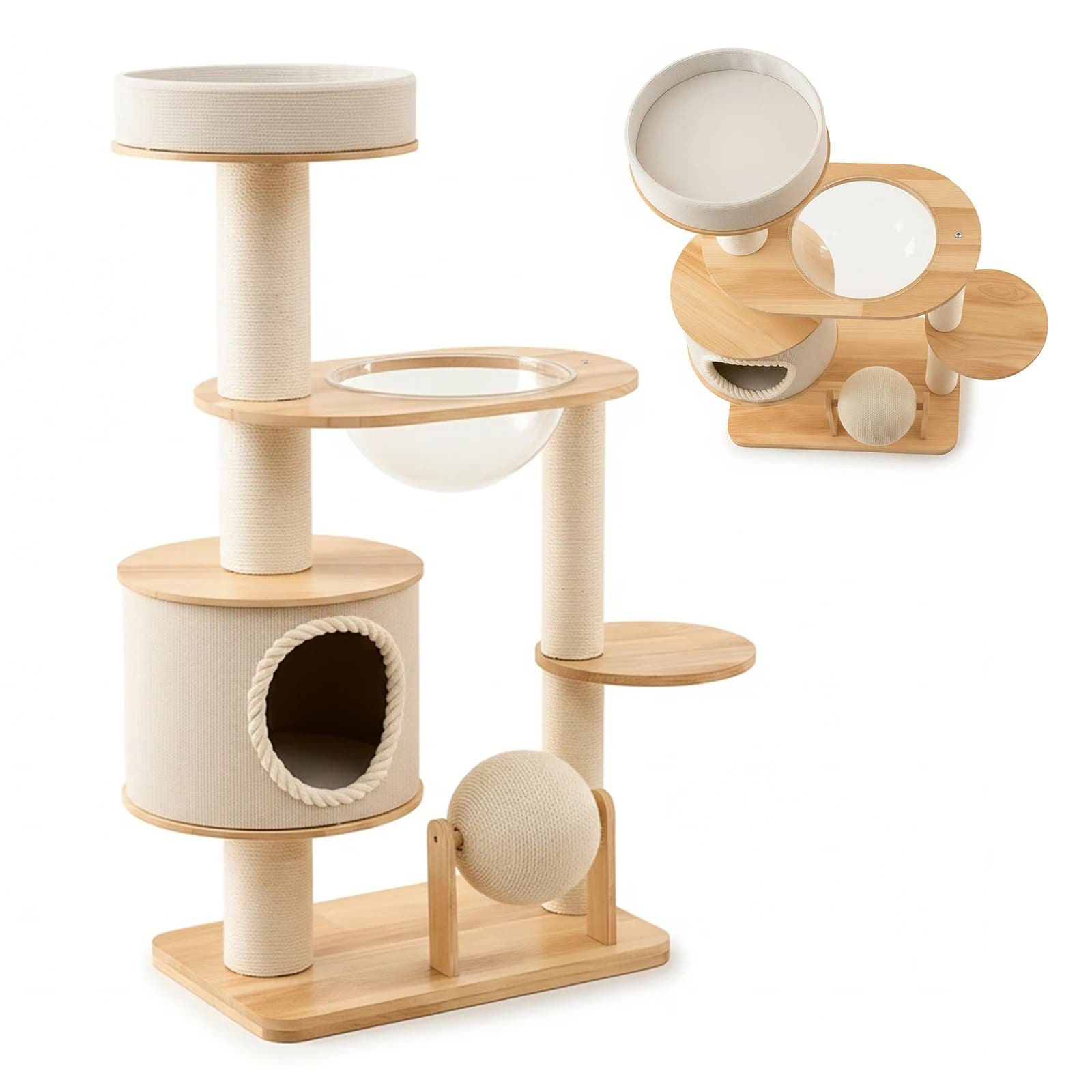 Tiragraffi a forma di casa resistente all'usura, con piattaforma unica per saltare e soppalco traspirante per animali domestici