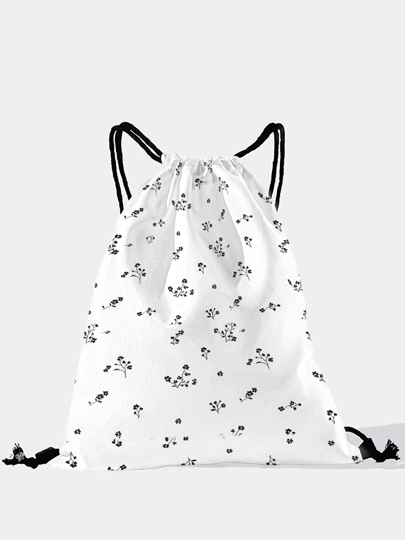 Zaino con coulisse con stampa floreale in bianco e nero, borsa sportiva leggera per palestra, yoga, viaggi, scuola, shopping e uso quotidiano