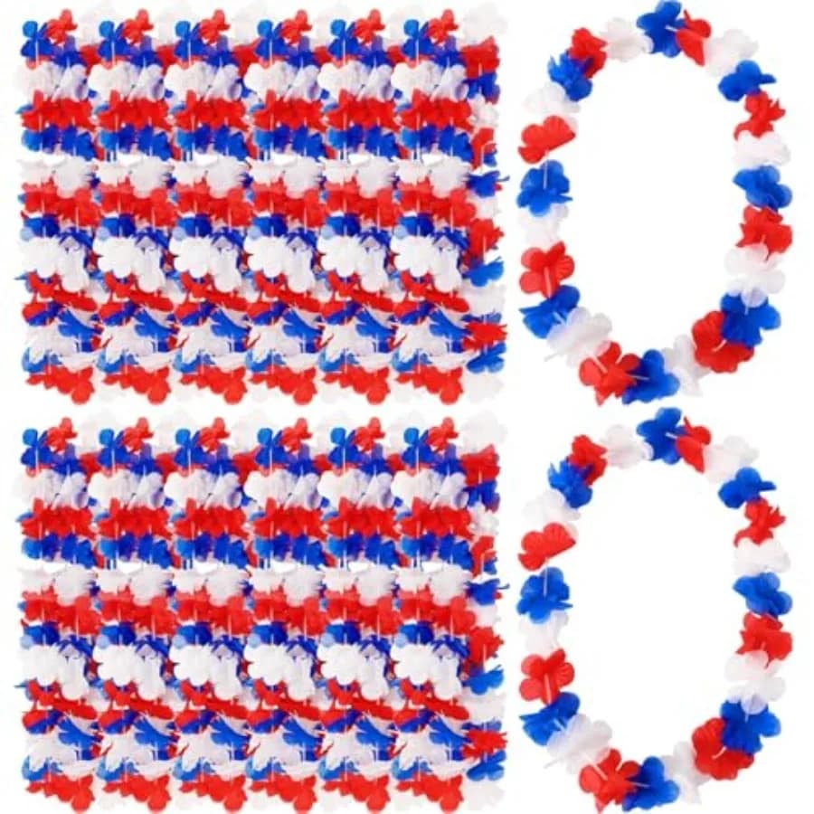 24 Pack Patriotic Leis Red White and Blue Flower Leis, 4th of July Garlands Hawaiian Luau Flower Necklaces Bulk for Fourth of J