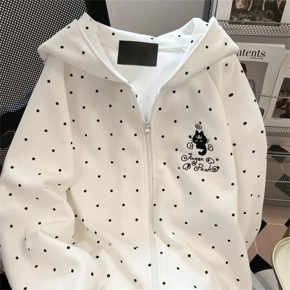 Cute Polka Dot Cat Embroidered Hoodie Autumn Sweet Loose Fi Tzip-up Cardigan Jacket Harajuku Casual Sweatshirts 2025 New