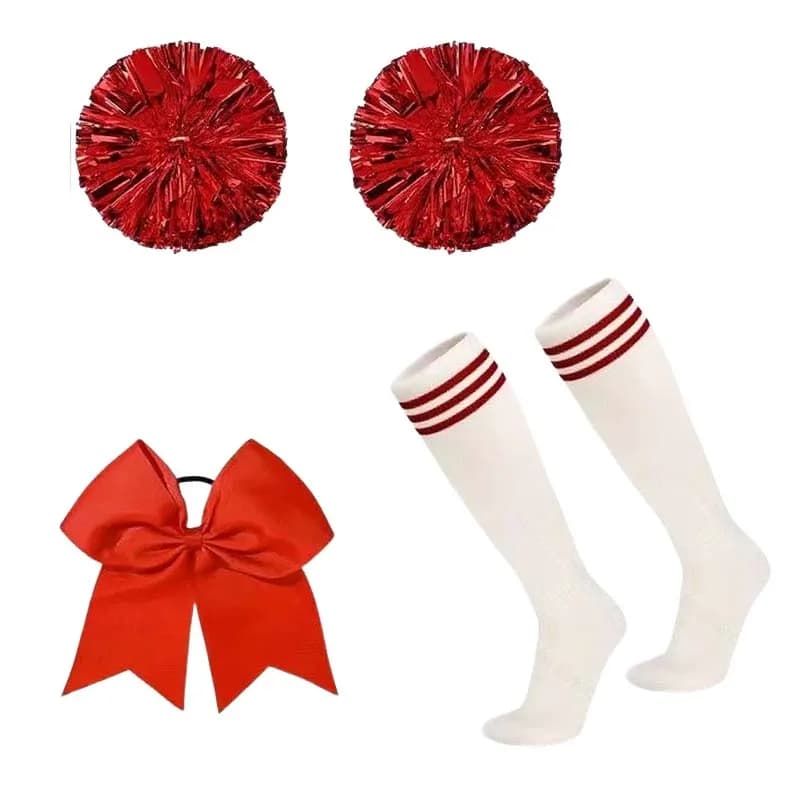 Set of 4 knobs from cheerleader with bows for hair and socks, red accessories for cheerleading, for school, team, sport, dance.