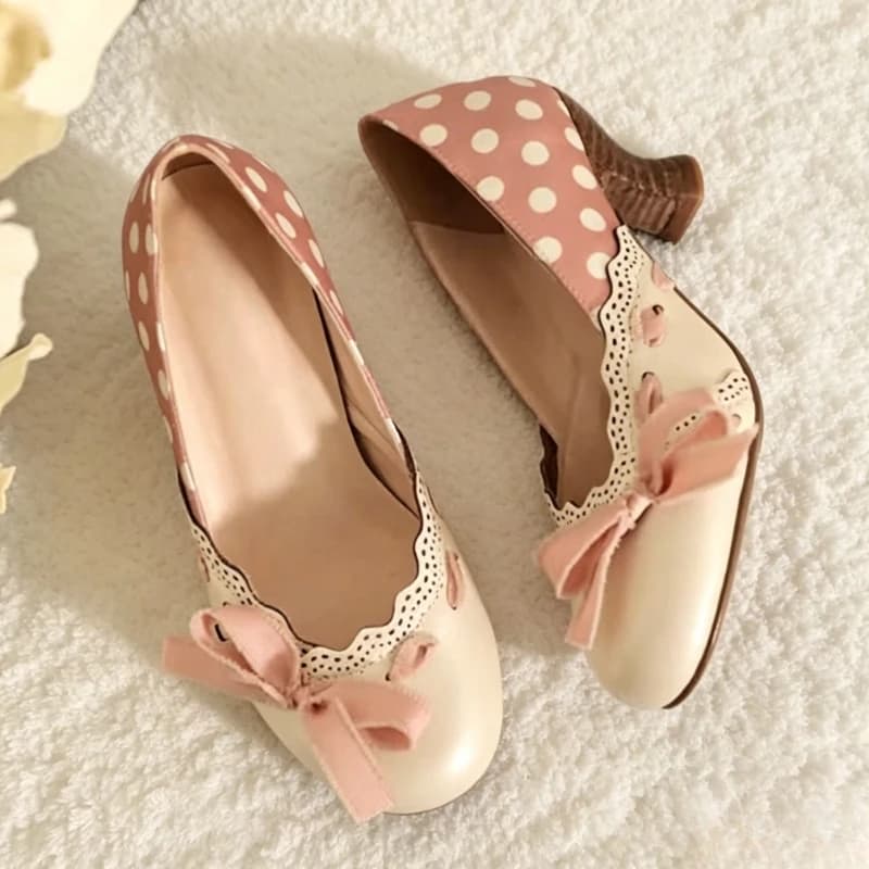 Vintage Chunky Heel Women Pumps Polka Dot Design Bow Detail Round Toe Mary Jane Shoes Comfortable Lightweight Dress Lolita Shoes