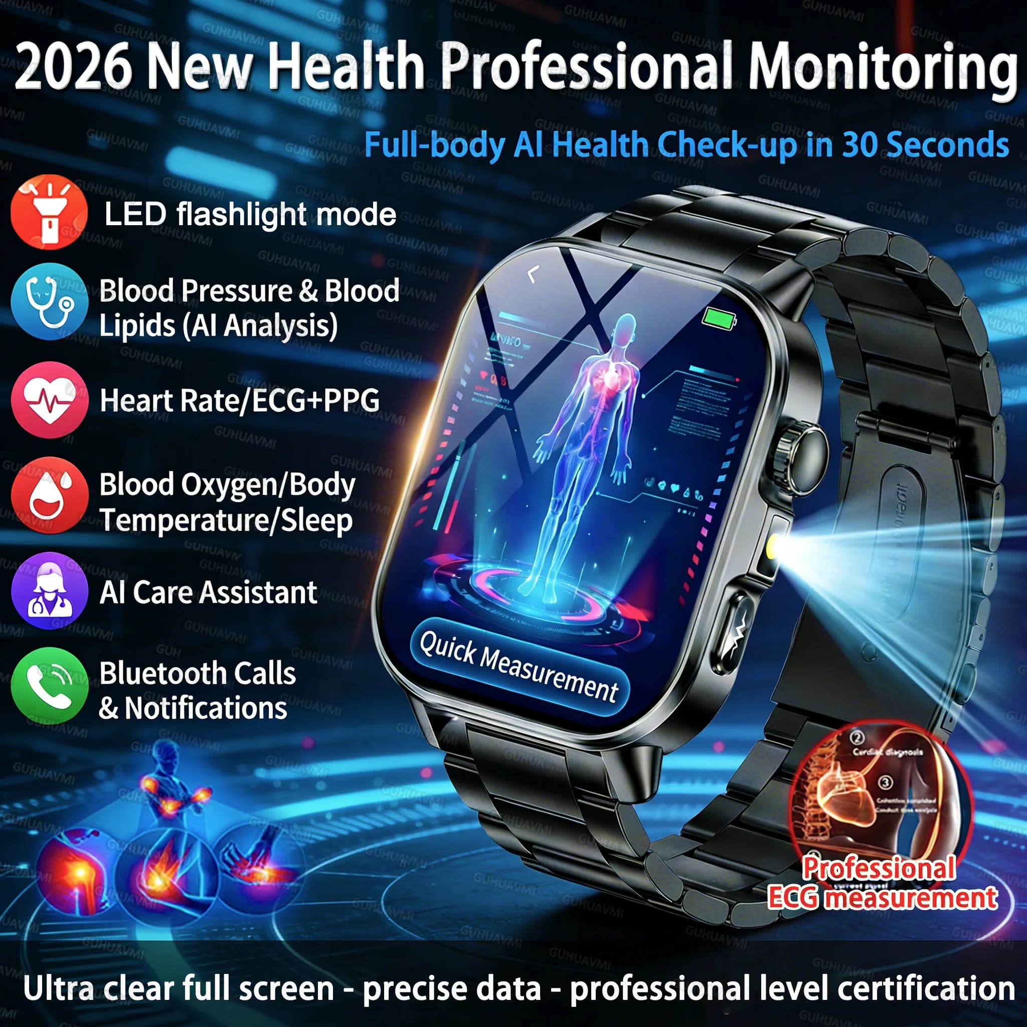 New Smartwatch 2026 for Men with ECG+PPG Diagnosis, Body Analysis, Blood Pressure, Lipidi, Urico Acid, Male Health Tracker, Intelligent Bracelet