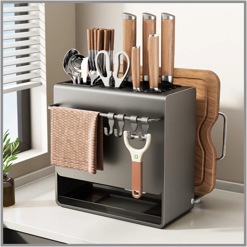 Hollow Ventilated Drainage Knife Holder With Cutting Board Slot & Chopstick Cage Countertop Kitchen Storage Rack