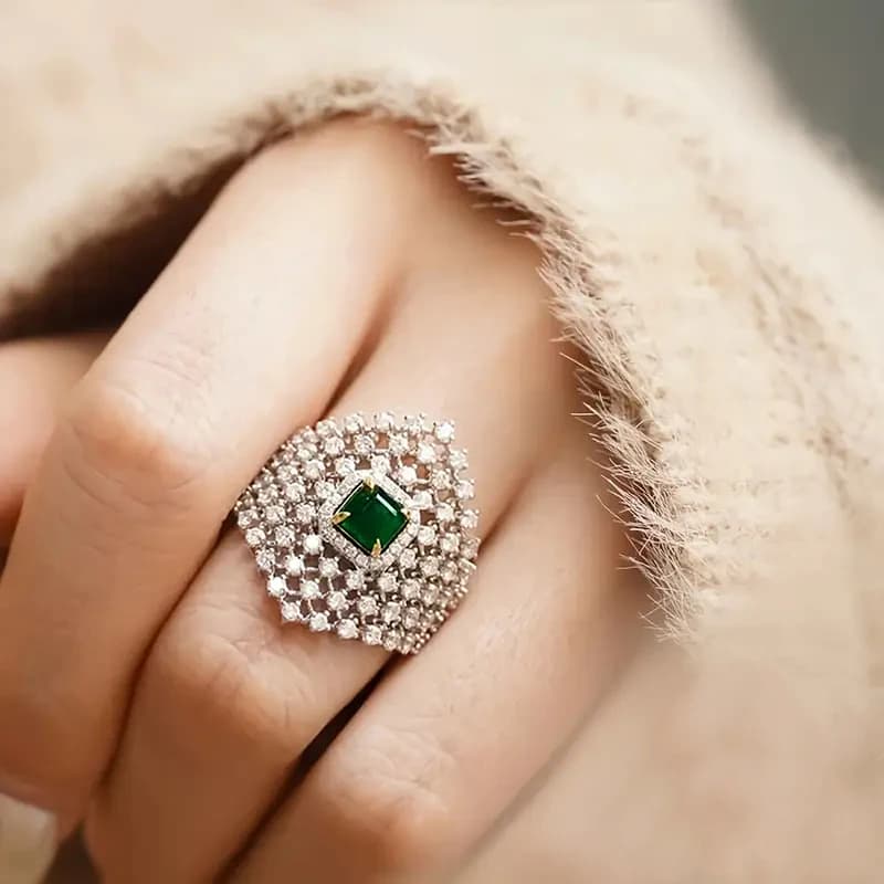 Anelli Geometrici Luccicanti con Zirconia Cubica Verde Quadrata, Anelli alla Moda Color Argento, Gioielli di Lusso per Donne