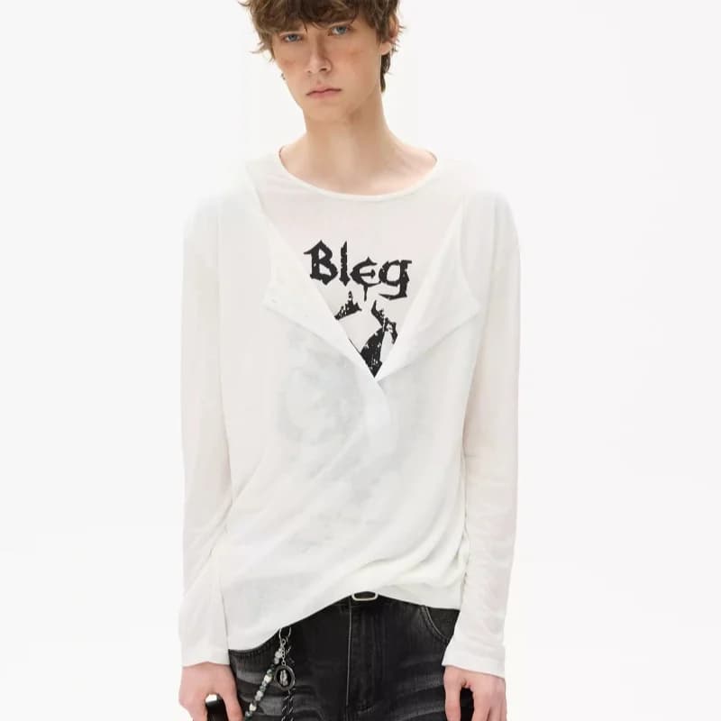 Double-layer long sleeve t-shirt, American style, two-piece effect, with custom print, breathable, for man, casual pattern.