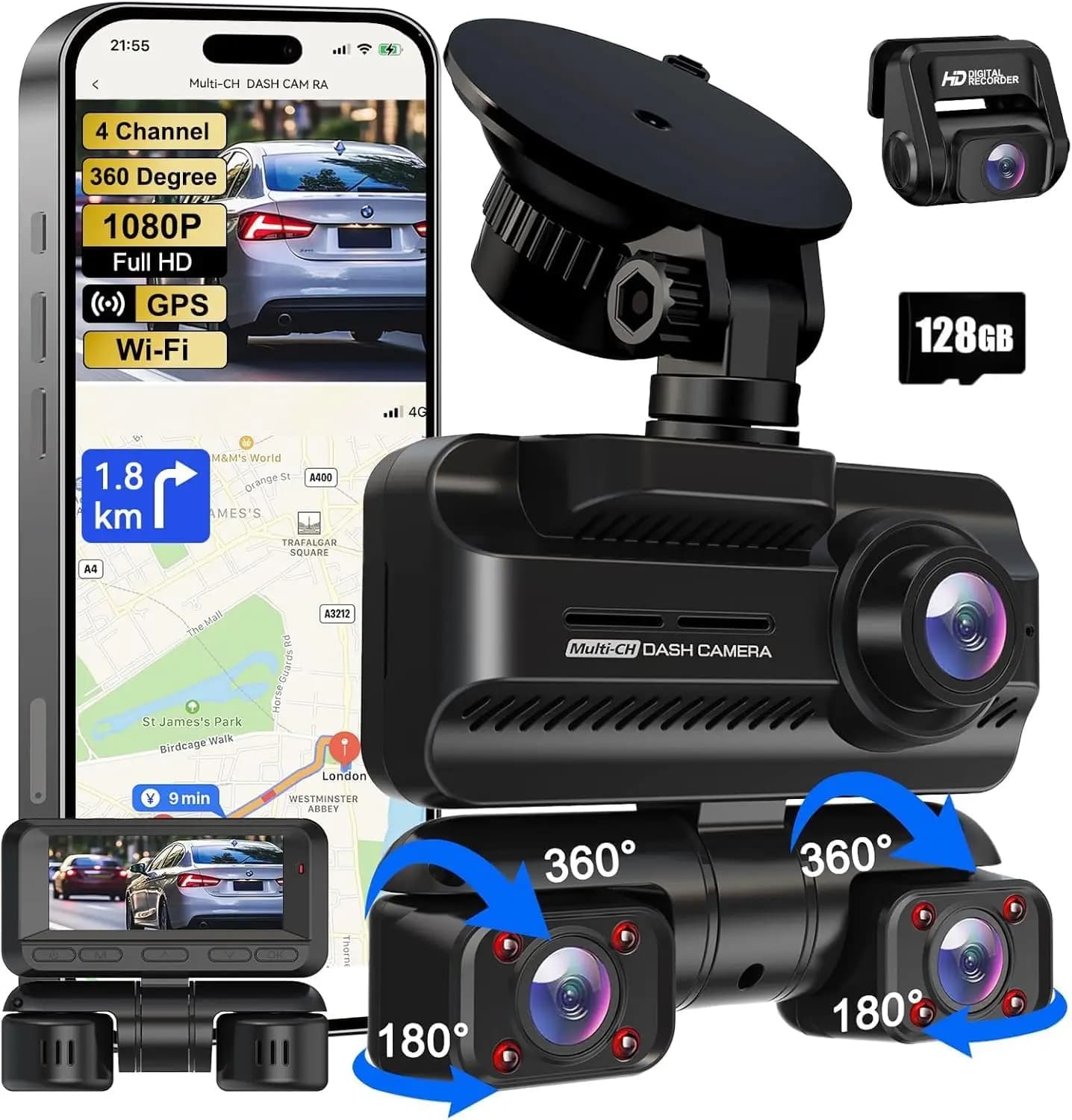 Dash Cam to 4 Channels 360° ° Dashcam Front and Back, 4K Full HD Car Camera with 128G Card, Wi-Fi and GPS Integrated, 3.18 Inch IPS Display