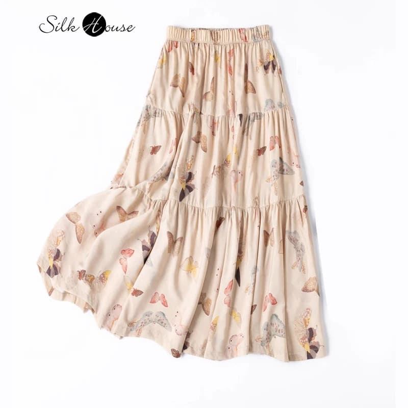 2.7-meter Large Hem 70% Natural Mulberry Silk 30% Cotton A-line Women's Casual Elastic Waist Printed Beach Skirt