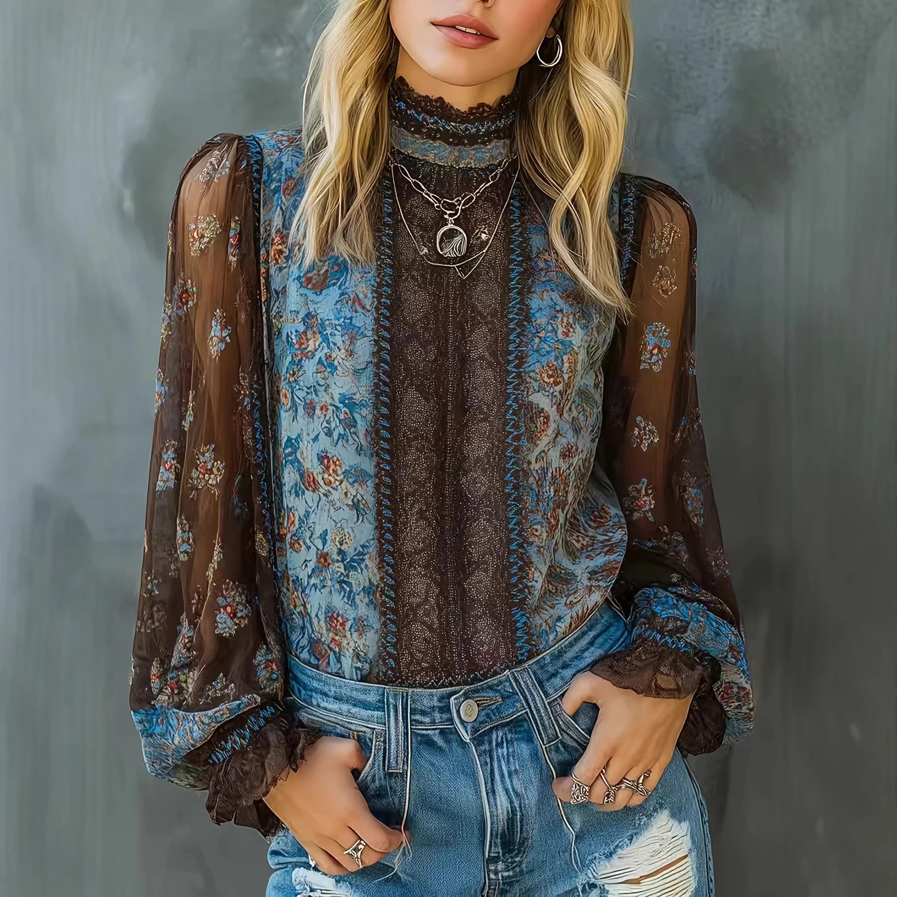 Camicetta Floreale Boho da Donna con Collo Alto e Pizzo, Maglia Trasparente a Maniche Lunghe, Top Vintage Casual per Feste Primavera Estate