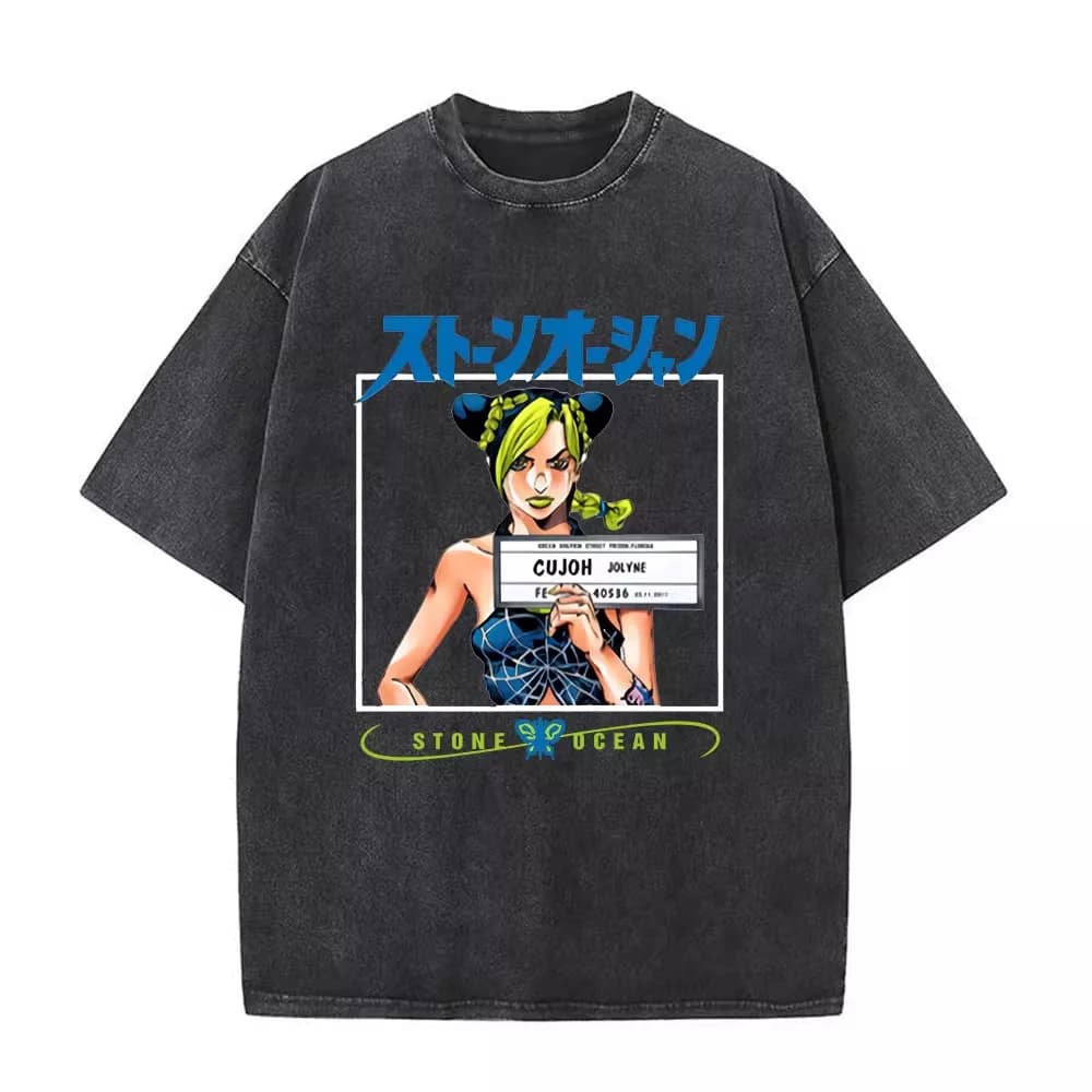 T-shirt Oversize in Cotone Lavato Vintage Estivo 2026 Jojo's Bizarre Adventure Stone Ocean Streetwear Jolyne Cujoh con Foto di Arresto