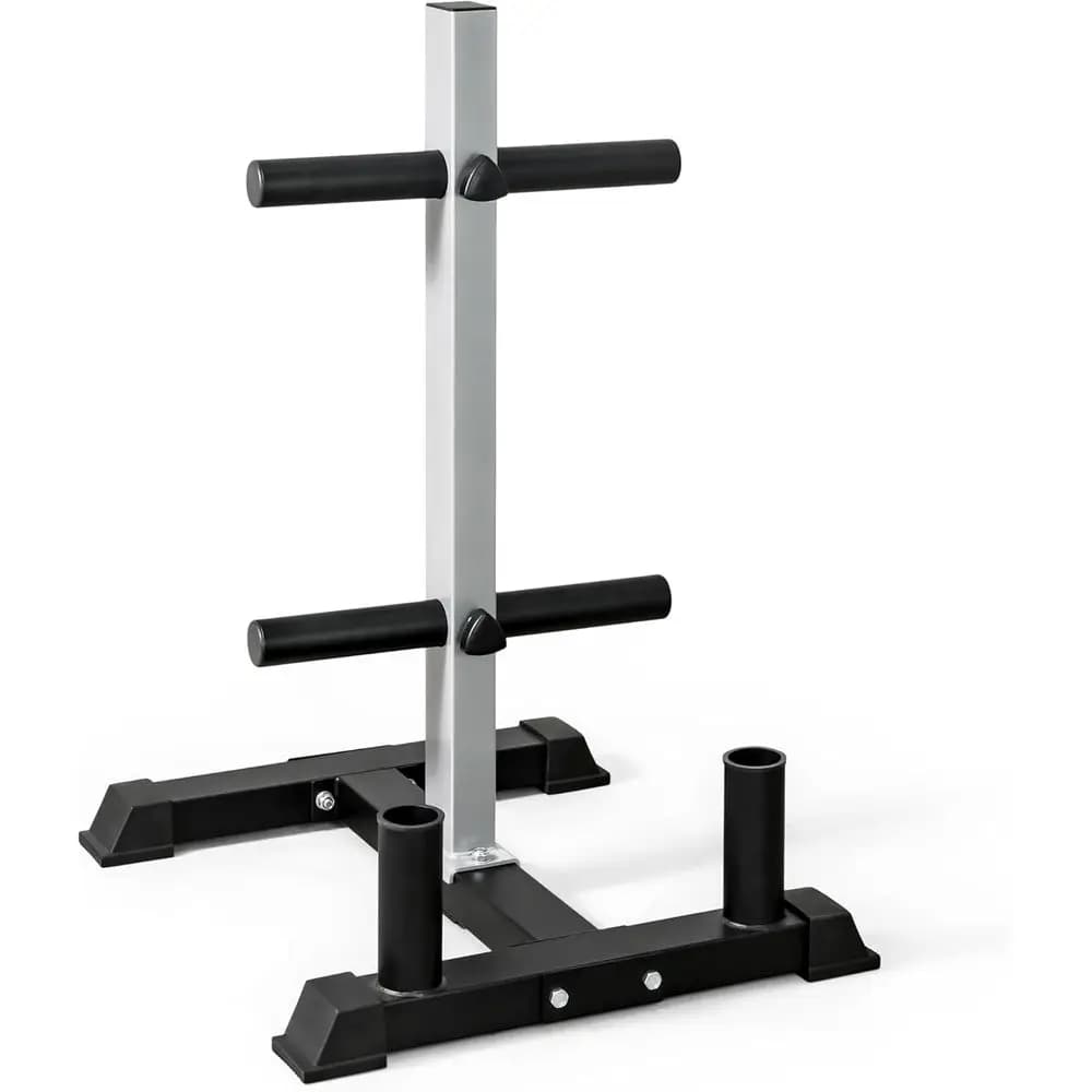 Bumper Plate Tree Rack with BarHolders, Heavy-Duty Weight Plate Storage Rack or Home Gym, Steel Plate Organizer Stand, Multiple
