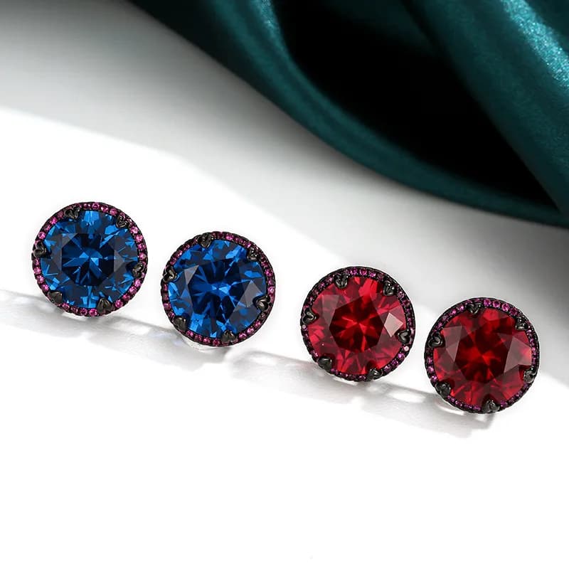 Jewels with copper base, gold plated, blue spinel, round lobe earrings in black gold, versatile and niche, main stone 12 mm