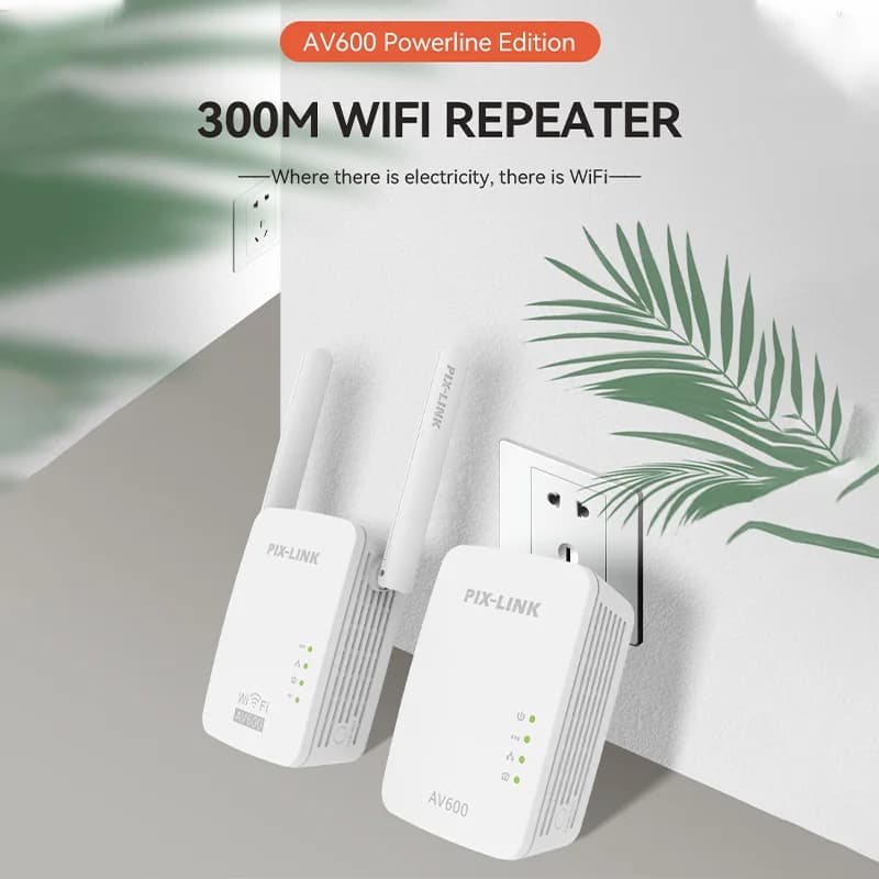 PIX-LINK PL01 AV600 Extender WiFi Powerline 600Mbps, Ripetitore Powerline 300Mbps 2.4GHz, Plug and Play con Spina EU/UK/US/AU per Casa