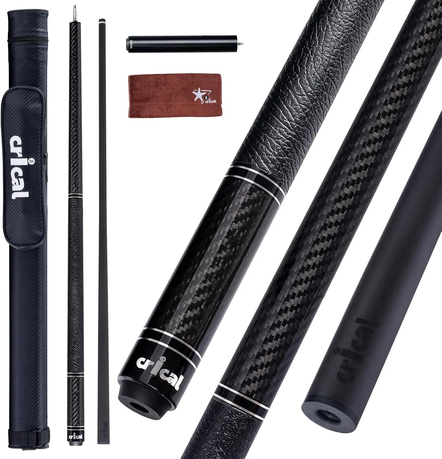Stecca da Biliardo in Fibra di Carbonio da 58 Pollici, Asta a Bassa Deflessione, Punta da 12,5 mm, Peso Fisso 19 oz, Giunto 3/8x8 con Prolunga