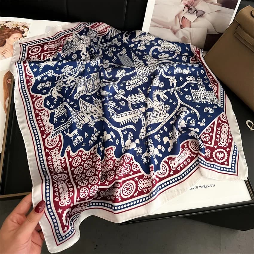 Square scarf with vintage inspired pied-de-poule print, thin and smooth neck scarf in soft satin, sun protective scarf, women's scarf.