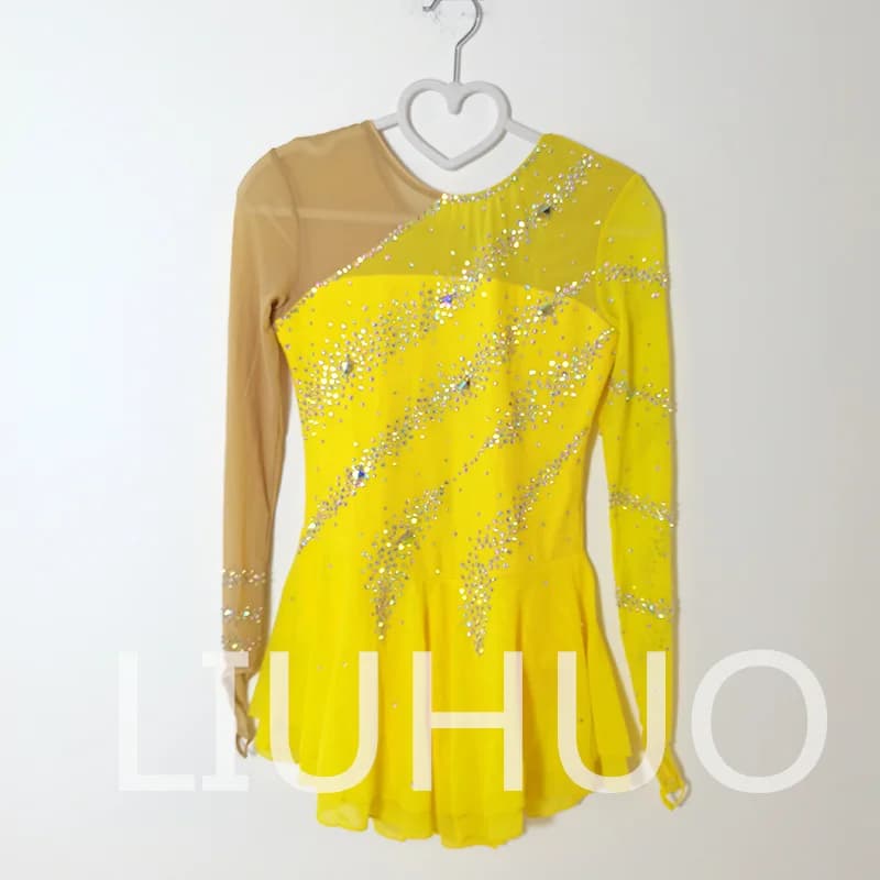 LIUHUO Abito da pattinaggio artistico su ghiaccio Ragazze Donne Adolescenti Abito da competizione giallo in spandex elastico all'ingrosso