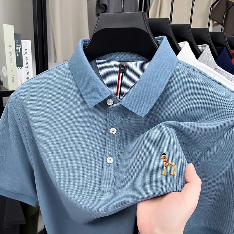 Polo Originale da Uomo di Marca, con Colletto Designer e Ricamo Cane, T-shirt a Maniche Corte, Nuova Collezione Estiva, Business Casual, Abbigliamento Maschile Elegante