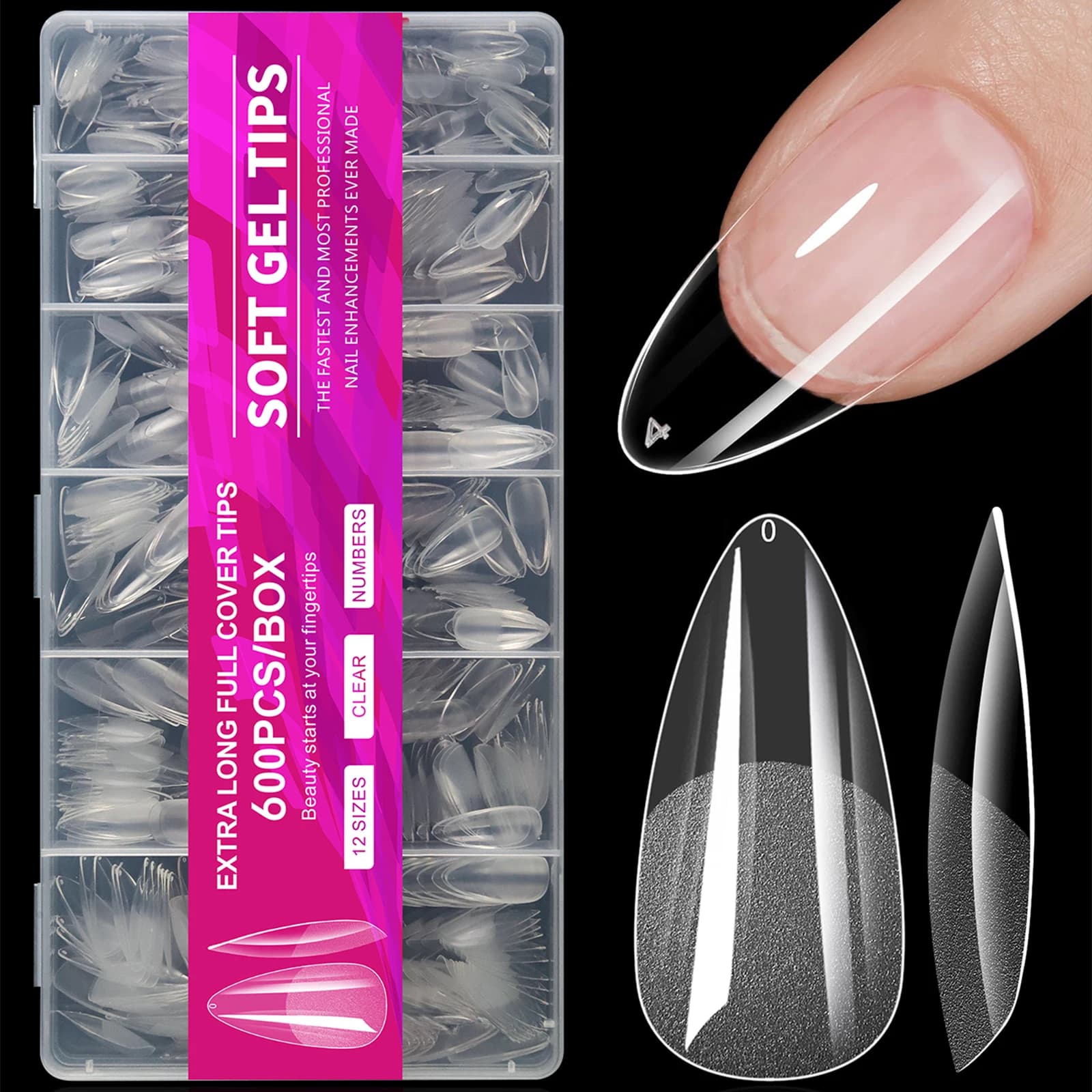 100/600 pieces of short almond nail tips, soft gel nail tips, total cover fake nail tips for acrylic nails, for salon or domestic use, false pressure nails.