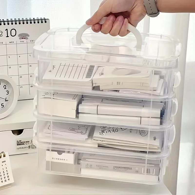 Grande scatola portaoggetti trasparente impilabile con coperchio e maniglia. Portatile per giocattoli, gioielli, ufficio e viaggi. Visualizzazione e Organizzazione Semplificate.