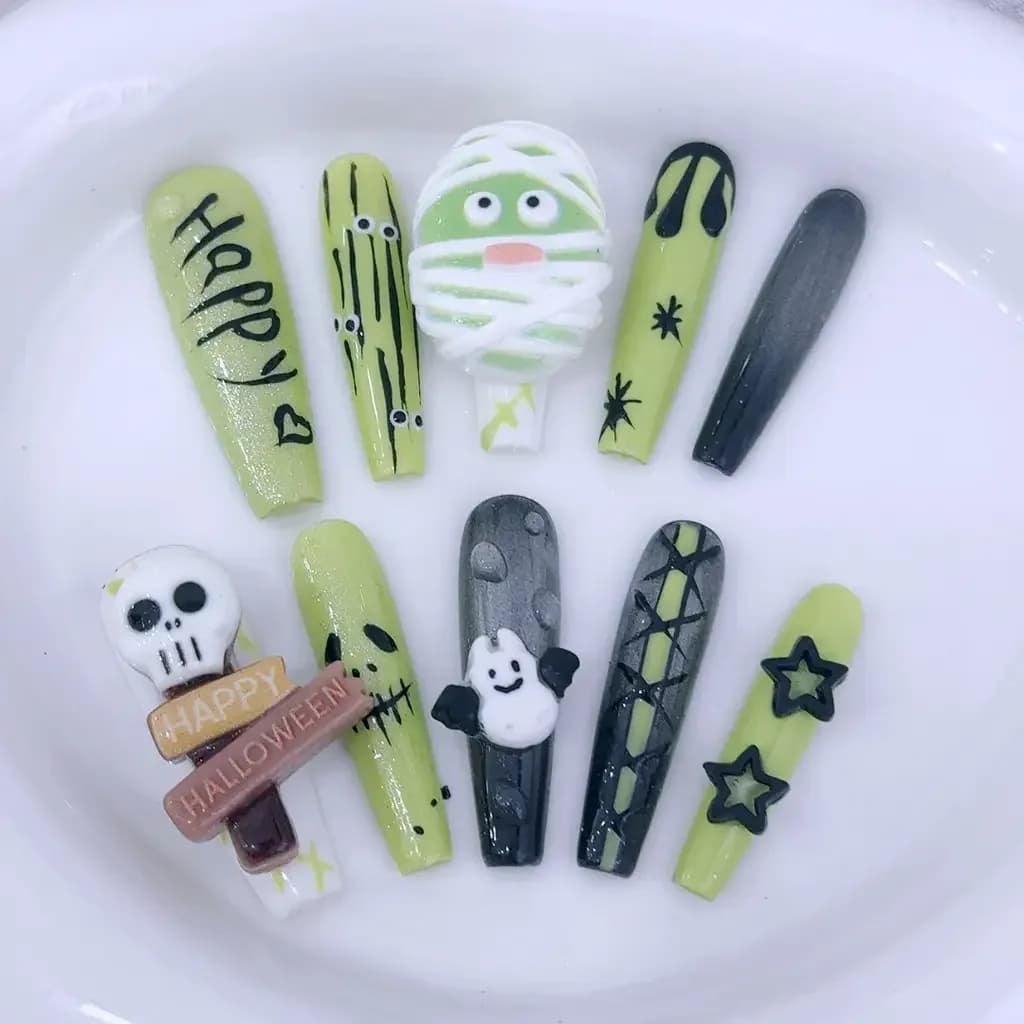 Halloween Skeleton Bandage Man Handmade Wearing Nails Green Long Nails Art Cartoon Cute Halloween Press on Nails