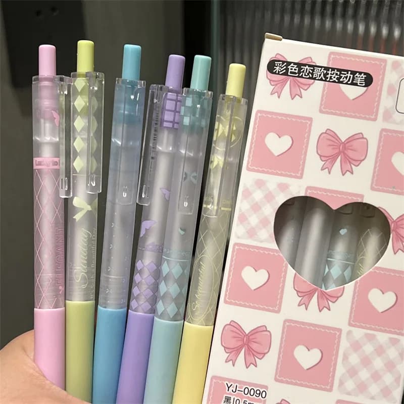 6 pz/set Arco Trasparente Penna Gel per I Bambini di Modo Dolce Caramella di Colore Plaid Arco Cancelleria Penna Gel 0.5mm Penna di Inchiostro Nero per la Scrittura