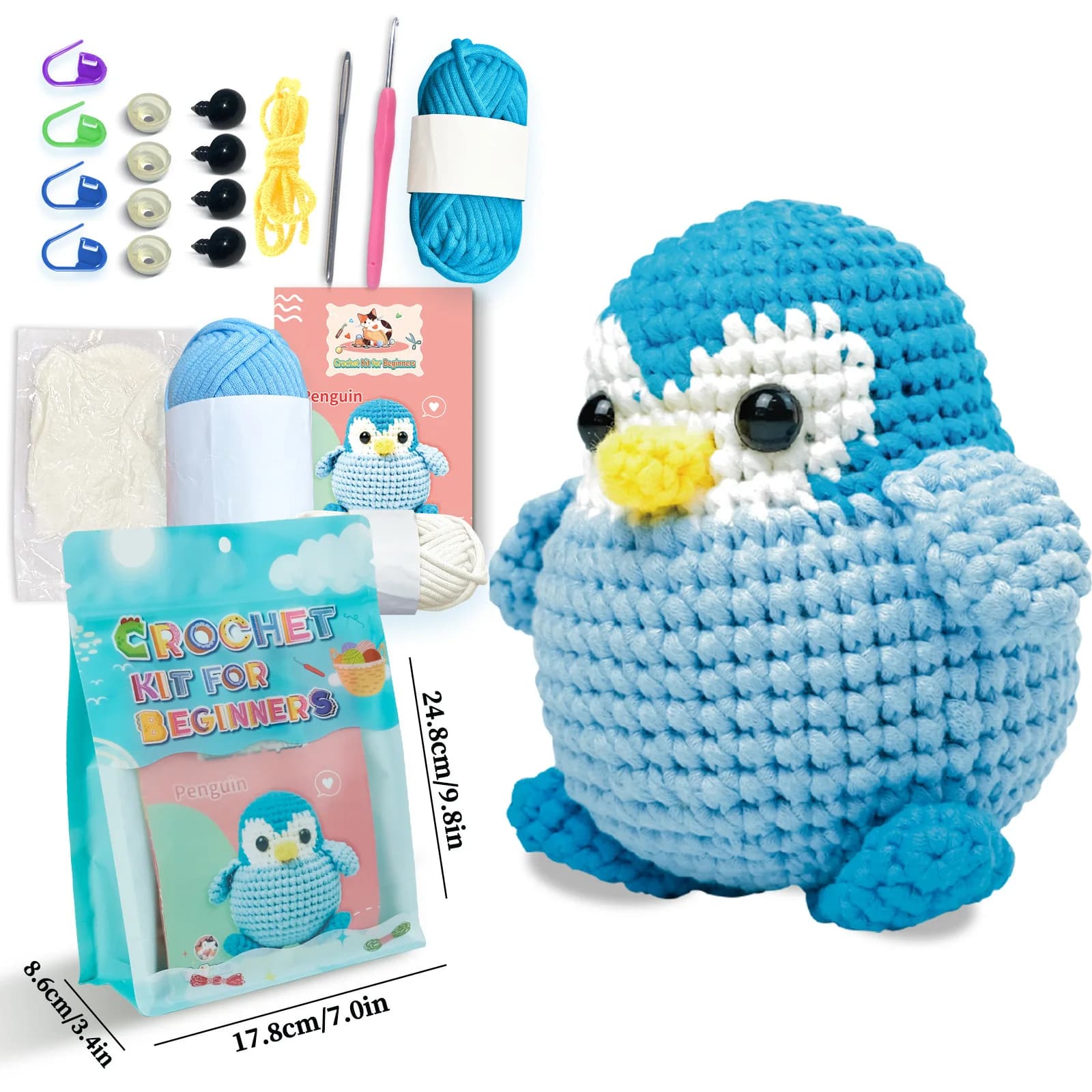 Kit di materiali per bambole all'uncinetto fai-da-te con pinguino blu, maglieria fai da te, crocheing, cucito, artigianato, regalo di compleanno per uomini e donne
